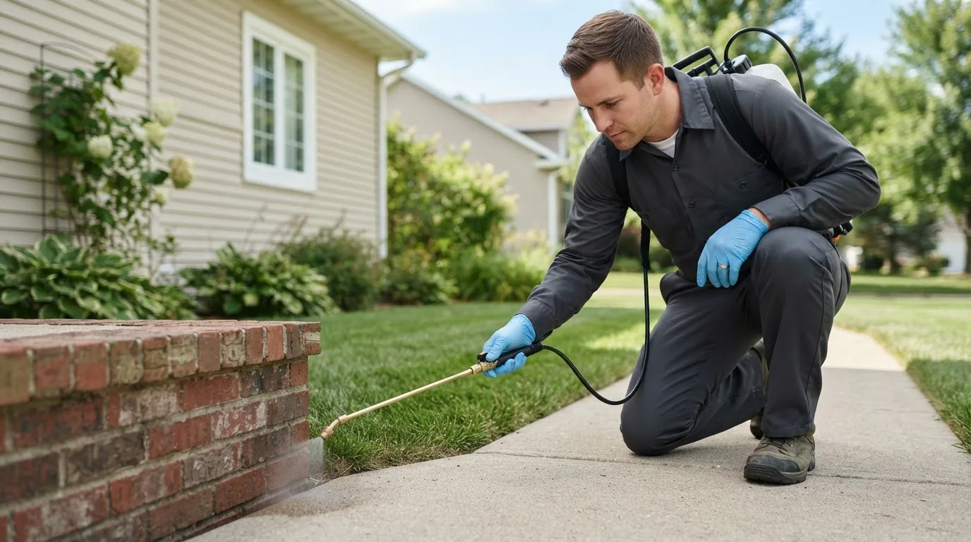 Pest control technician treating a home near Plankinton, SD